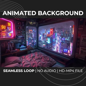 Puede incluir: Un fondo animado que presenta una ciudad futurista vista desde una habitación con una cama y un escritorio. La escena está iluminada por luces de neón y el texto "ANIMATED BACKGROUND" se muestra en la parte superior.