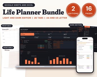 Life Planner Bundle, Google Sheets and Excel Spreadsheet, 26 Tabs, Light and Dark Mode, ADHD Weekly Planner, 16 Printable Pages, A4 Letter