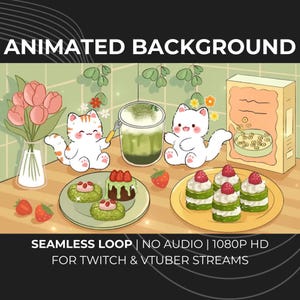 Könnte beinhalten: Ein animierter Hintergrund für Twitch- und VTuber-Streams mit zwei weißen Katzen, einem Glas Matcha, einer Müslipackung, einer Vase mit rosa Tulpen und Tellern mit grünen Kuchen und Erdbeeren. Der Text lautet ANIMATED BACKGROUND und SEAMLESS LOOP.