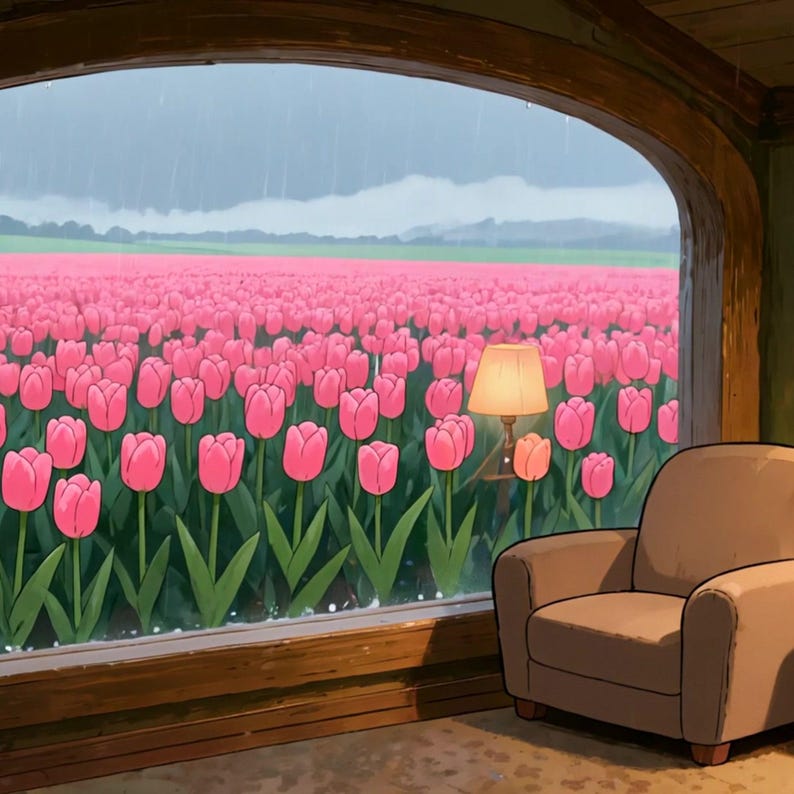 Regenachtig raam met roze tulpen - geanimeerde achtergrond voor virtuele vergaderingen · 1080p MP4 afbeelding 2