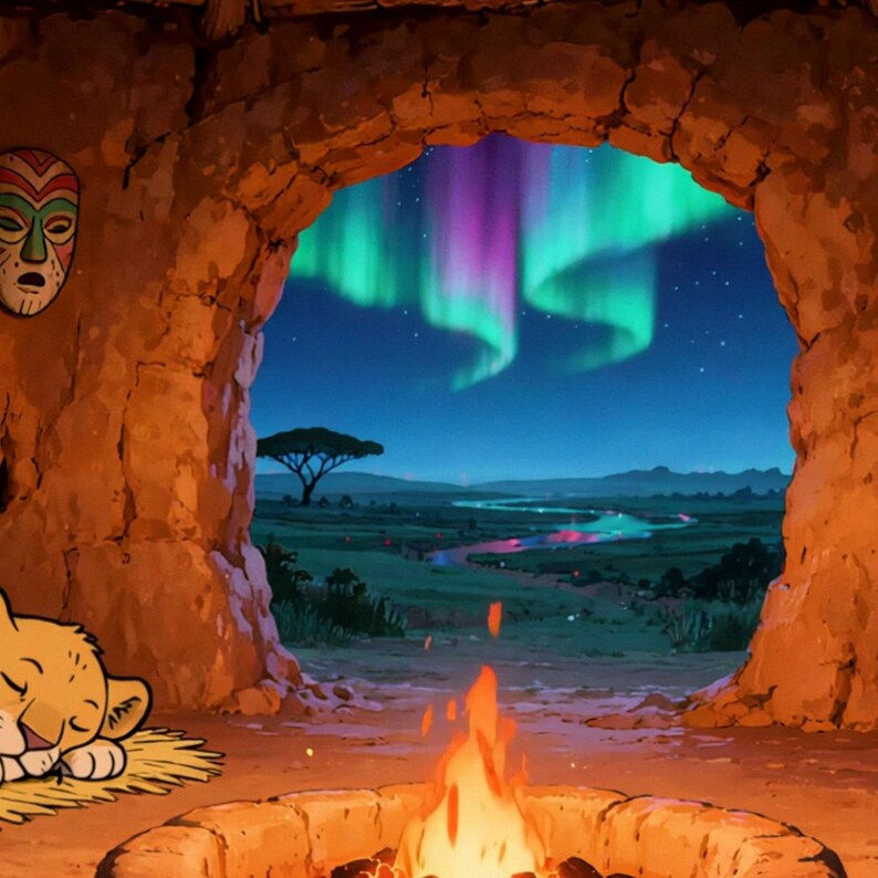 Vídeo de fundo para sessões de estudo: fogueira em cabana tribal com aurora boreal · 4K + 1080p MP4 imagem 2