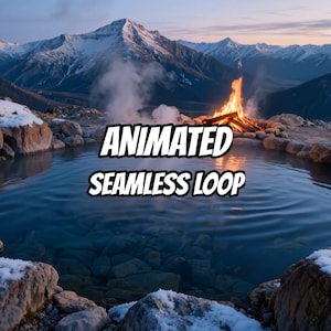 May include: A digital landscape featuring a campfire burning beside a clear pool of water surrounded by snow-covered rocks and distant mountains. The text ANIMATED SEAMLESS LOOP is displayed in white letters with a black outline in the centre.