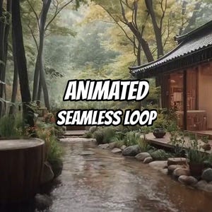 May include: A digital graphic featuring a serene garden scene with a wooden structure, a flowing stream, and rocks, overlaid with the bold white text ANIMATED SEAMLESS LOOP. The scene depicts a tranquil outdoor environment with lush greenery.
