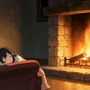 Fond animé d'écran chaleureux avec une jeune fille endormie près d'une cheminée, idéal pour le télétravail · 1080p MP4 image 2