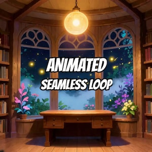 Fondo animado de la biblioteca Firefly, escena nocturna de ventana con flores brillantes para Twitch imagen 1