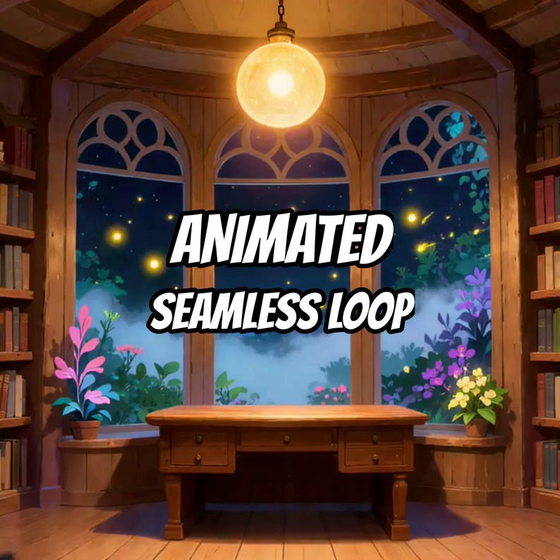 Fondo animado de la biblioteca Firefly, escena nocturna de ventana con flores brillantes para Twitch imagen 1