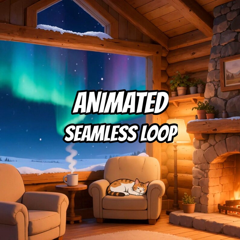 Cozy Cabin Northern Lights Animated Background for Vtuber Stream · 1080p MP4 image 1