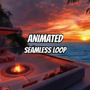 Peut inclure: Une vidéo en boucle animée montrant un coucher de soleil sur l'océan avec une terrasse, un brasero aux flammes orange et un canapé. Le texte ANIMATED SEAMLESS LOOP est affiché en lettres blanches avec un contour noir au centre de l'image.