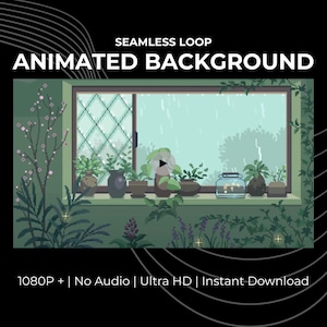 Peut inclure: Un fond animé avec une scène de fenêtre. La fenêtre a un motif en losange et montre la pluie. Des plantes en pot sont sur le rebord de la fenêtre. Le texte "SEAMLESS LOOP ANIMATED BACKGROUND" est en haut. Le texte du bas indique "1080P + | No Audio | Ultra HD | Instant Download".