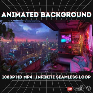 Może przedstawiać: Animowane tło przedstawiające futurystyczne miasto o zmierzchu. Scena zawiera balkon z roślinami, neonowe wnętrze oraz tekst "ANIMATED BACKGROUND" i "1080P HD MP4 | INFINITE SEAMLESS LOOP".