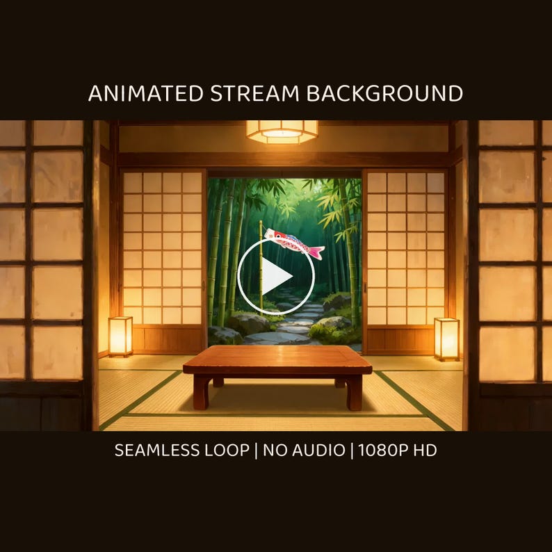 Japanse kamer bamboetuin met Koinobori geanimeerde achtergrond voor tv-screensaver · 4K + 1080p MP4 afbeelding 1