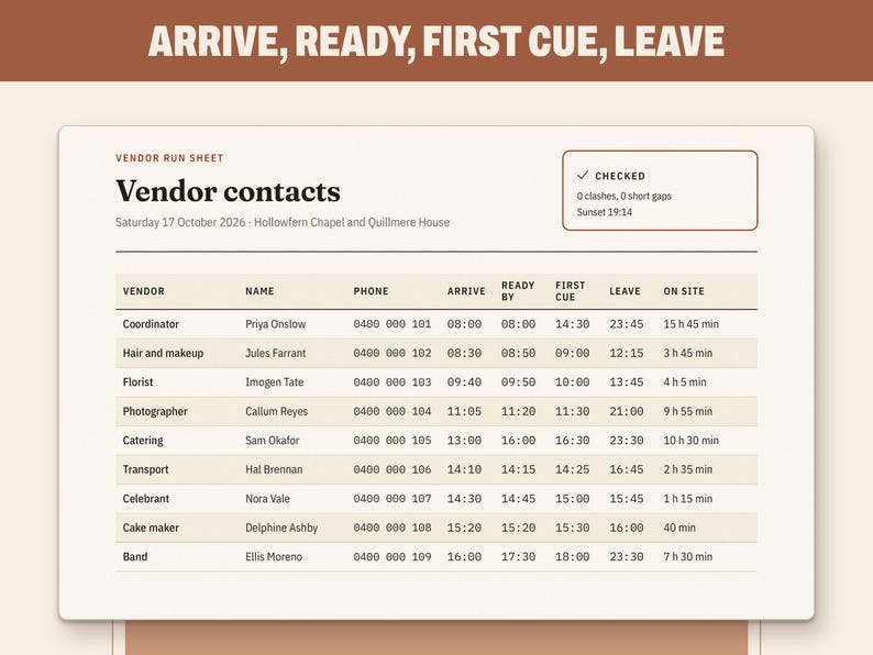 Wedding Vendor Run Sheet Template for Day of Coordinators, image 6