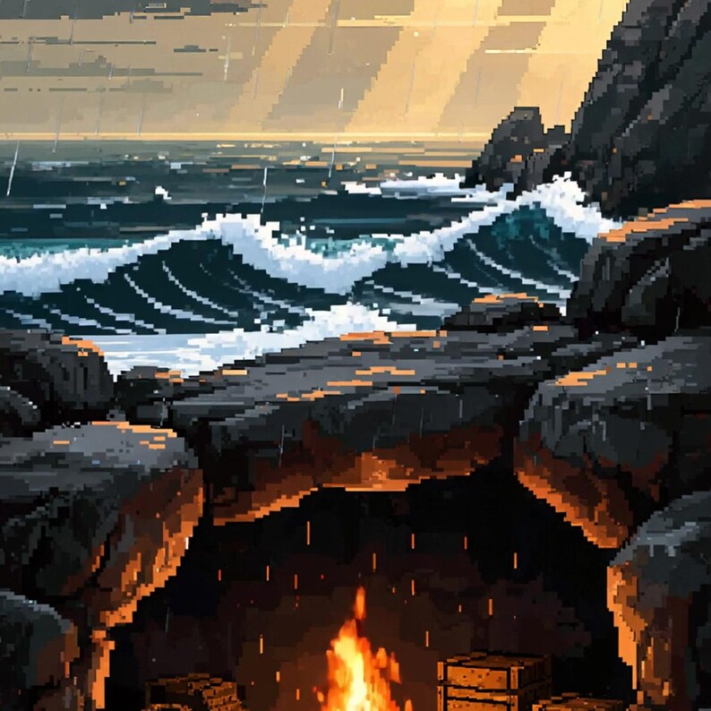 Cozy Cave Campfire Stormy Coast Animated Background for Streaming · 1080p MP4 image 2