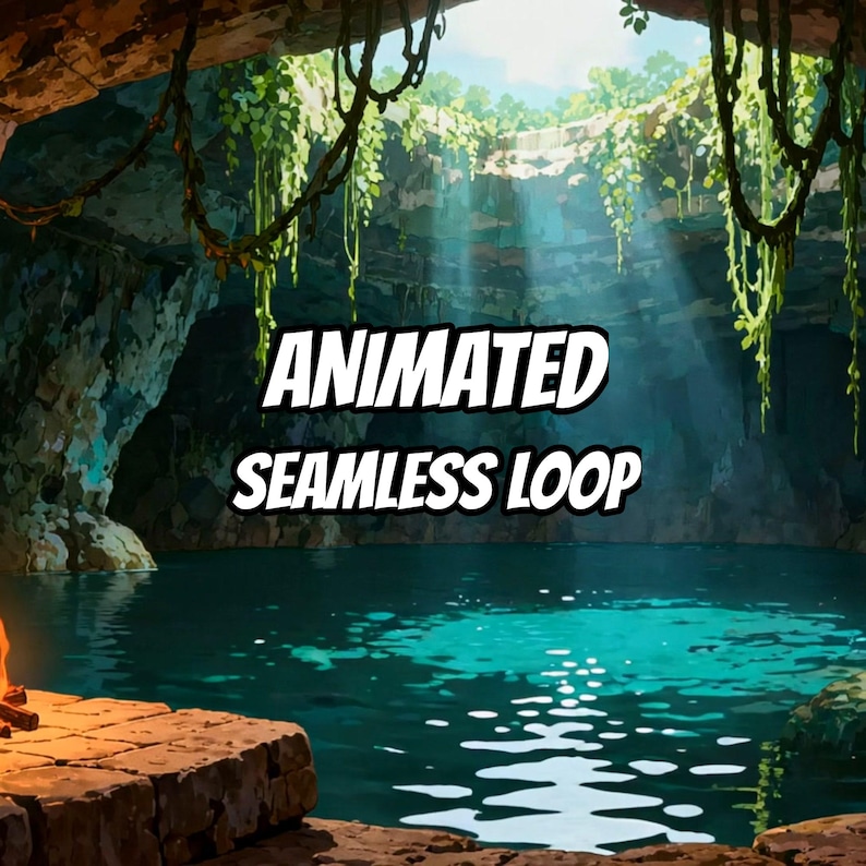 Piscina en una cueva iluminada por el sol con fondo animado de fogata para transmisiones de VTubers · MP4 1080p imagen 1