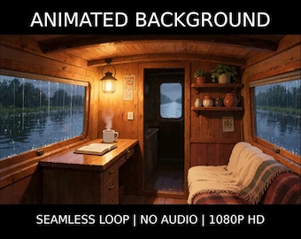 Intérieur de cabine de bateau confortable et pluvieux, fond d'écran animé pour ambiance · 1080p MP4