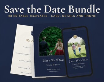 Save the Date Bundle Template, 5x7 and A5 Printable Card, Details Card, Phone Story and Square, Canva, Google Slides, PowerPoint