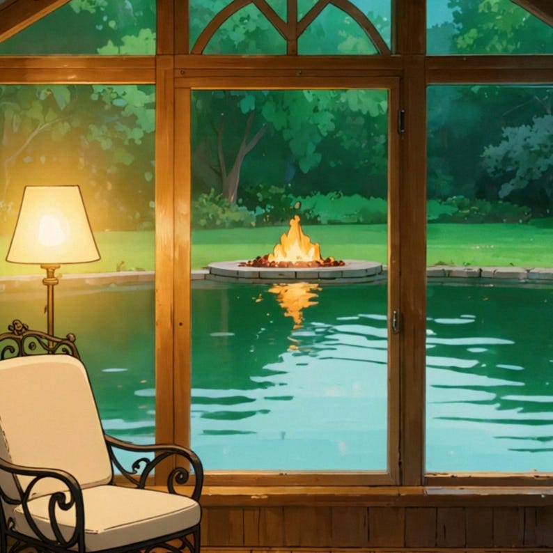 Cozy Sunroom with Fire Pit Pond Animated Backdrop for Streaming · 4K + 1080p MP4 image 2