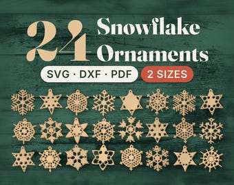 Snowflake Ornament SVG Laser Cut Files, 24 Christmas Snowflake Designs, DXF and PDF Formats, 75 mm and 100 mm Wood or Cardstock Cutting