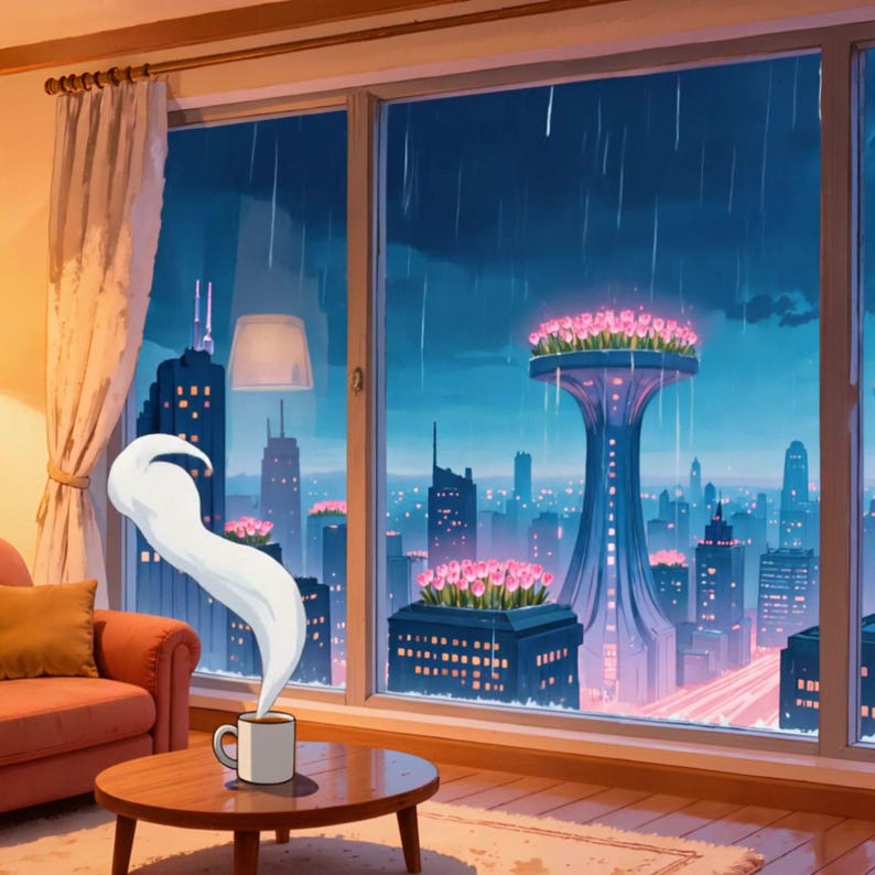 雨の降るサイバーパンク風アパートの窓のアニメーション壁紙（ローファイや勉強用） · 1080p MP4 画像 2