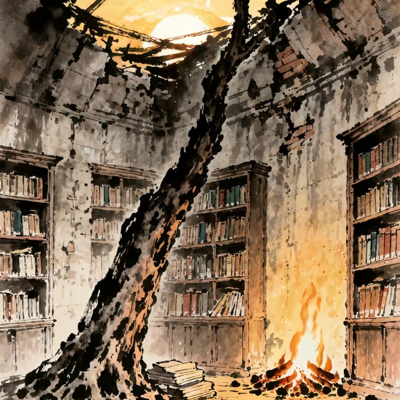 Ancient Ruined Library with Firepit Animated Background for VTubers · 1080p MP4 image 2