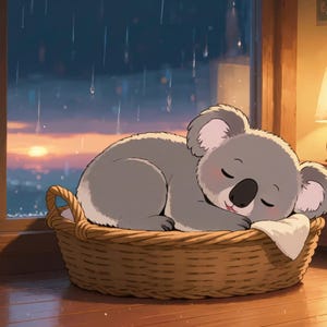 Gemütlicher Koala schläft vor regnerischem Fenster – animierter Hintergrund für Lofi · 1080p MP4 Bild 2