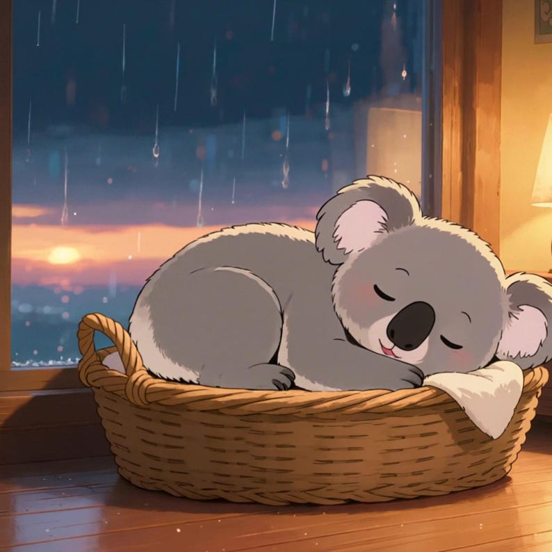 Gemütlicher Koala schläft vor regnerischem Fenster – animierter Hintergrund für Lofi · 1080p MP4 Bild 2