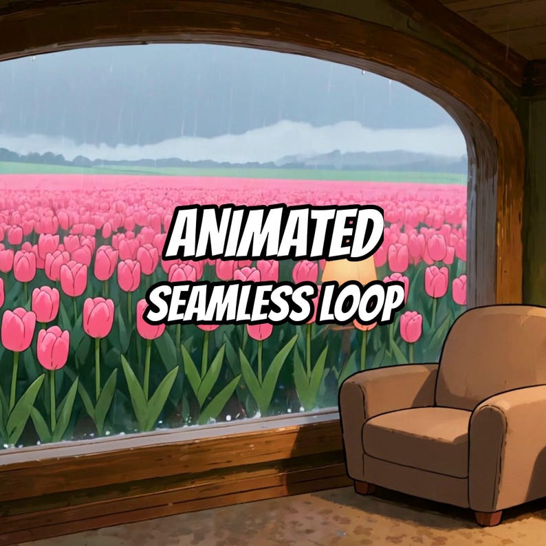 Regenachtig raam met roze tulpen - geanimeerde achtergrond voor virtuele vergaderingen · 1080p MP4 afbeelding 1