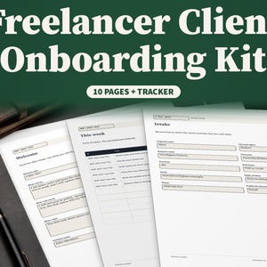 Kit di onboarding per clienti freelance, modulo di ammissione per assistente virtuale, pacchetto di benvenuto, tracker delle attività, modificabile