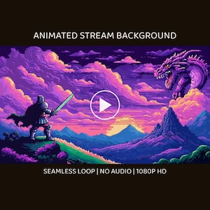 Può includere: Uno sfondo animato per streaming in pixel art che mostra un cavaliere con una spada di fronte a un grande drago in un paesaggio montano sotto un cielo al tramonto viola e arancione. Testo: ANIMATED STREAM BACKGROUND, SEAMLESS LOOP | NO AUDIO | 1080P HD.