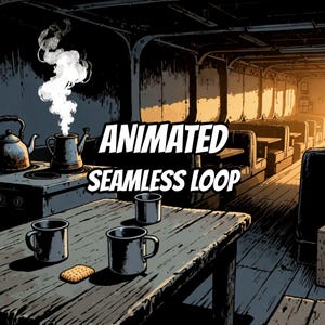 May include: A dark, illustrated interior scene featuring a wooden table with three metal mugs and a single rectangular biscuit. In the background, a stove holds two kettles with rising steam. The text ANIMATED SEAMLESS LOOP is centered.
