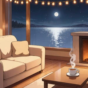 Moonlit Lakeside Cabin with Fireplaces Video Background for Work From Home · 1080p MP4 image 2