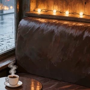 Ventana de cafetería acogedora bajo la lluvia con fondo animado de gorrión para VTubers · 4K + 1080p MP4 imagen 2