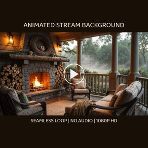 May include: Animated stream background featuring a stone fireplace with a burning fire, stacked firewood, and a wreath on the mantel. A porch with wicker furniture overlooks a misty forest. Text reads: ANIMATED STREAM BACKGROUND SEAMLESS LOOP | NO AUDIO | 1080P HD.