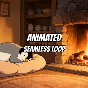 Cozy Fireplace Room Sleeping Penguin Live Wallpaper for Focus and Study · 1080p MP4 image 1