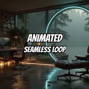 May include: A modern interior space featuring a black office chair at a desk and a black lounge chair with an ottoman. A large circular window with a glowing blue frame overlooks a misty forest. The text ANIMATED SEAMLESS LOOP is centered.
