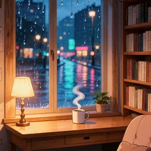 Fondo animado de estudio nocturno en la ciudad lluviosa para videos Lofi · 1080p MP4 imagen 2