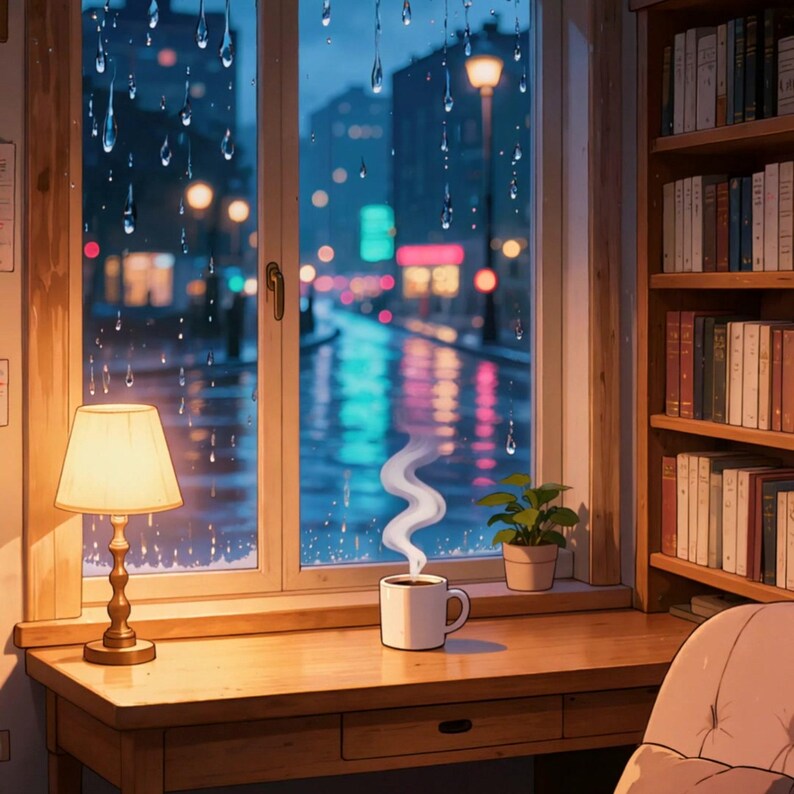 Fondo animado de estudio nocturno en la ciudad lluviosa para videos Lofi · 1080p MP4 imagen 2