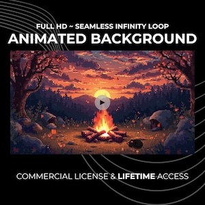 May include: Animated background with a pixelated campfire scene. The image features a vibrant sunset over a forest, with a campfire in the foreground. Text at the top reads "FULL HD ~ SEAMLESS INFINITY LOOP ANIMATED BACKGROUND".