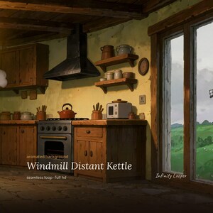 Cozy Kitchen with Windmill View Animated Background for Streaming · 1080p MP4