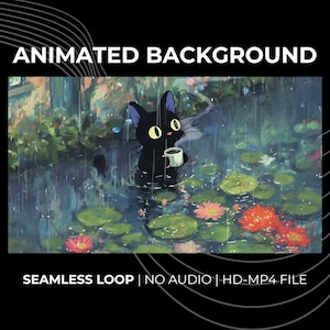 Cozy Lofi Rainy Pond Animated Background: Black Cat Study & Stream Hd Loop For Relaxing Virtual Spaces