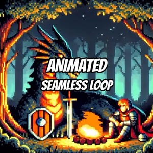 Puede incluir: Una ilustración en pixel art que muestra un gran dragón con escamas de color naranja brillante, un caballero con armadura sentado junto a una fogata, una espada y un escudo. El texto "ANIMATED SEAMLESS LOOP" está centrado. Escena en un bosque.