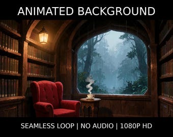 Cozy Library Window Rainy Forest Animated Background for Lofi Videos · 1080p MP4