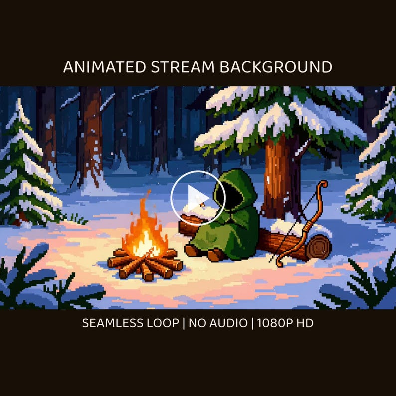 Pixel Art Snowy Forest Campfire Animated Backdrop for Work From Home · 4K + 1080p MP4 image 1