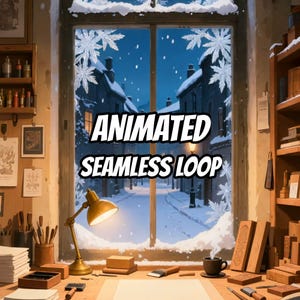 Gezellig winters uitzicht vanuit het raam - geanimeerde achtergrond voor lofi-video's · 1080p MP4 afbeelding 1