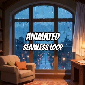 May include: A room interior featuring a beige armchair with orange and green pillows, a wooden desk with a lamp, and a large arched window overlooking a rainy city street at dusk. The text ANIMATED SEAMLESS LOOP is centered on the window glass.