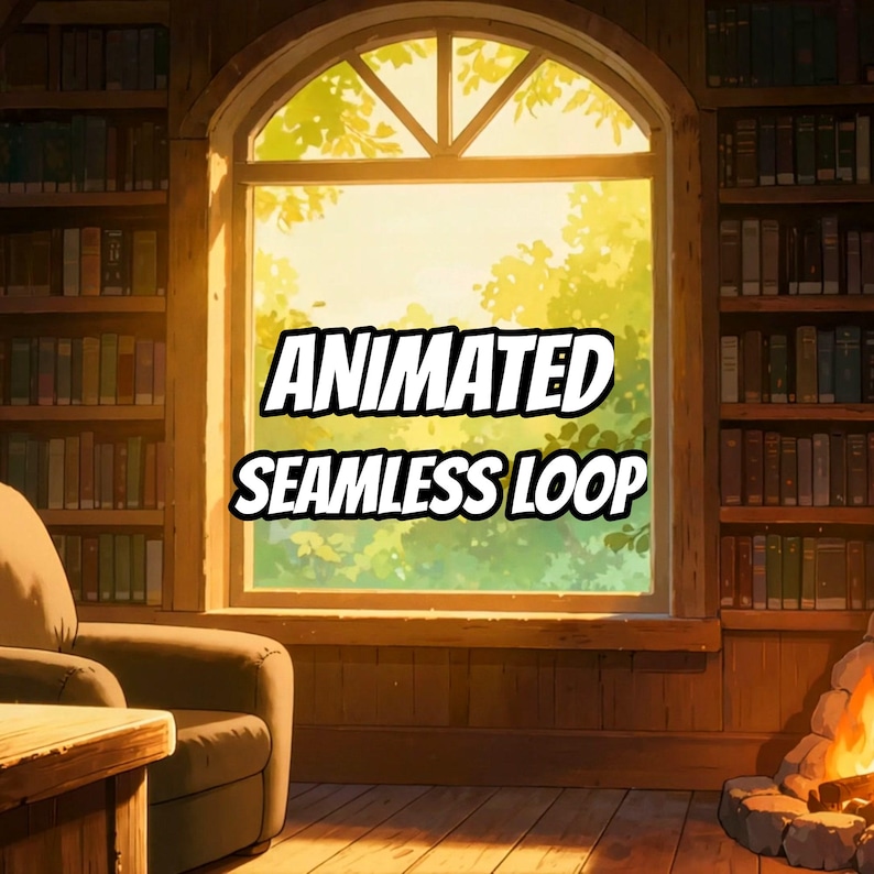 Sunny Library Fireplace Live Wallpaper for VTubers · 1080p MP4 image 1