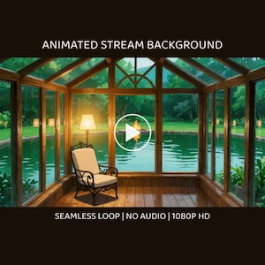 Cozy Sunroom with Fire Pit Pond Animated Backdrop for Streaming · 4K + 1080p MP4 image 1