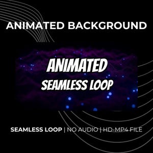 Può includere: Una grafica digitale con il testo ANIMATED BACKGROUND in alto e SEAMLESS LOOP | NO AUDIO | HD-MP4 FILE in basso. Il centro mostra il testo ANIMATED SEAMLESS LOOP sopra un paesaggio astratto viola scuro con punti blu luminosi.