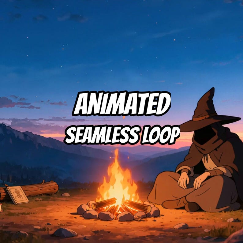 Mystic Wizard Campfire Under Twilight Sky Animated Background for Lofi Videos · 1080p MP4 image 1