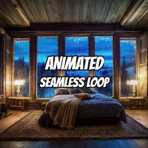 Könnte beinhalten: Ein Schlafzimmerinterieur mit einem Bett, einer dunkelblauen Decke und einem gemusterten Kissen vor einem großen Fenster mit Blick auf eine regnerische, dunkelblaue Landschaft mit Bäumen. Der Text ANIMATED SEAMLESS LOOP ist zentriert.